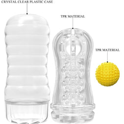 Détail du boîtier transparent et de la bille texturée du masturbateur