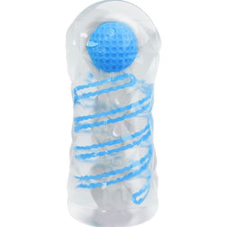 Masturbateur transparent avec boule bleue rotative et spirales internes