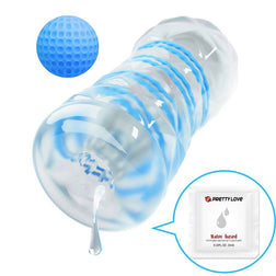 Vue de profil du masturbateur transparent avec sachet de lubrifiant