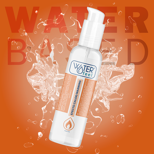 Flacon de lubrifiant Waterfeel chauffant à base d’eau sur fond orange