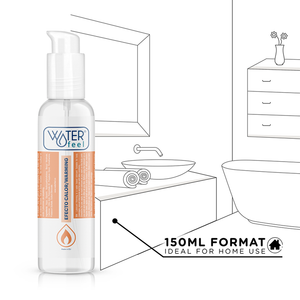 Format 150 ml du lubrifiant Waterfeel chauffant, illustré dans une salle de bain