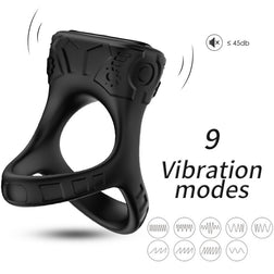 Vibrating cock ring by Armony, double multi-position 9-mode model in black silicone for intimate pleasure.