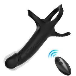 Armony black silicone vibrating strap-on dildo with a support ring and wireless remote control.