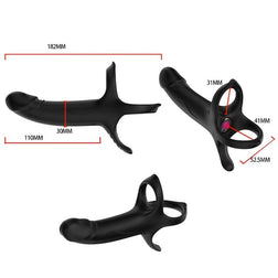 Armony black silicone vibrating strap-on dildo with a support ring and wireless remote control.