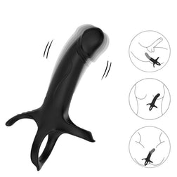 Armony black silicone vibrating strap-on dildo with a support ring and wireless remote control.