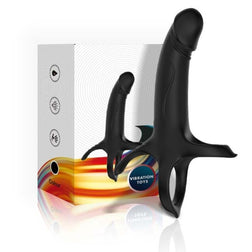 Armony black silicone vibrating strap-on dildo with a support ring and wireless remote control.