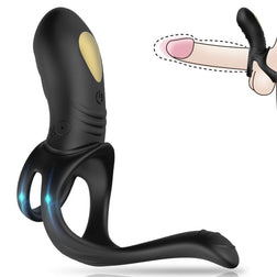 Armony Jumper Ring black silicone vibrating cock ring with two rings and an external anal stimulator.