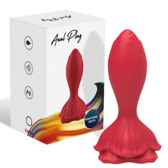 Armony butt plug, vibrating remote-controlled model with a floral flared base, in red silicone, for intimate pleasure.