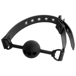 Vue de profil de l'accessoire Bâillon boule silicone perforée noire