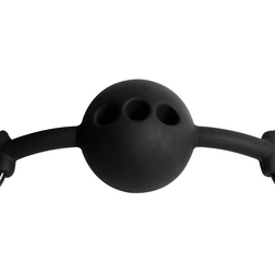 Vue sous un autre angle de l'accessoire Bâillon boule silicone perforée noire