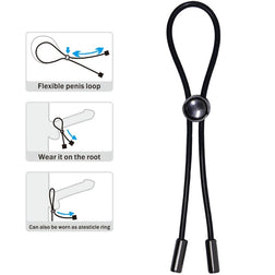 Cockring lasso ajustable verge + testicules en Silicone noir vu de face