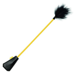 Vue de profil de l'accessoire Cravache plumeau jaune et noire