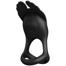 Cockring vibrant Cockring double vibrant avec oreilles lapin 7 modes — Silas en Silicone noir vu de face