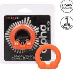 Cockring Calexotics stimulation périnée 2 boules — Alpha Dual Ball Ring en Silicone orange vu de face