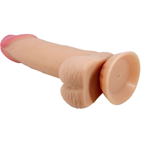Realistic sliding skin dildo 19,4 cm with testicles — close-up
