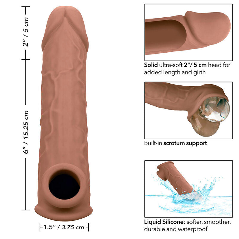 Gaine pénienne réaliste +5 cm silicone liquide peau marron — vue de trois-quarts