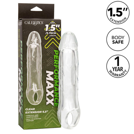 Funda extensora para el pene transparente Performance Maxx junto a su caja CalExotics
