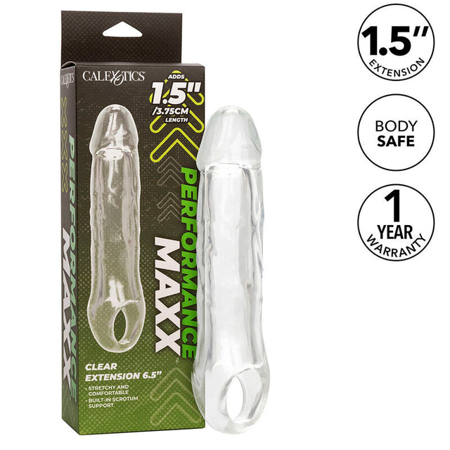 Transparante Performance Maxx-verlenghoes voor de penis naast de CalExotics-doos