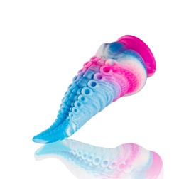 Vue inclinée du gode tentacule en silicone souple aux teintes bleu et rose