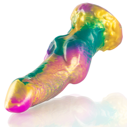 Vue inclinée du gode réaliste en silicone avec finition irisée