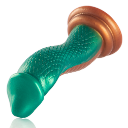 Vue latérale du gode cobra en silicone texturé vert et or