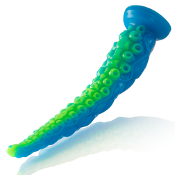 Vue inclinée du gode tentacule en silicone bleu et vert