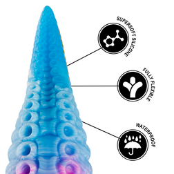 Détail de la pointe du gode tentacule avec pictogrammes silicone waterproof
