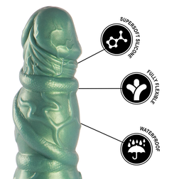 Détails techniques du gode fantasy Hades : silicone souple, flexible et étanche