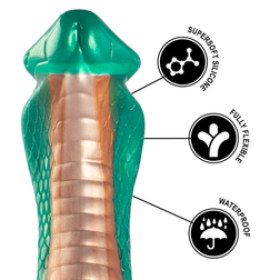 Détail du gode cobra avec icônes silicone souple et waterproof