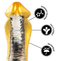 Gros plan sur la tête du gode cobra avec icônes silicone et waterproof