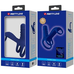 Cockring vibrant Cockring triple vibrant avec extension pour DP — Elish bleu en Silicone bleu vu de face