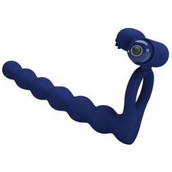 Chapelet anal Cockring vibrant avec pour double pénétration — Ajmal en Silicone bleu vu de face