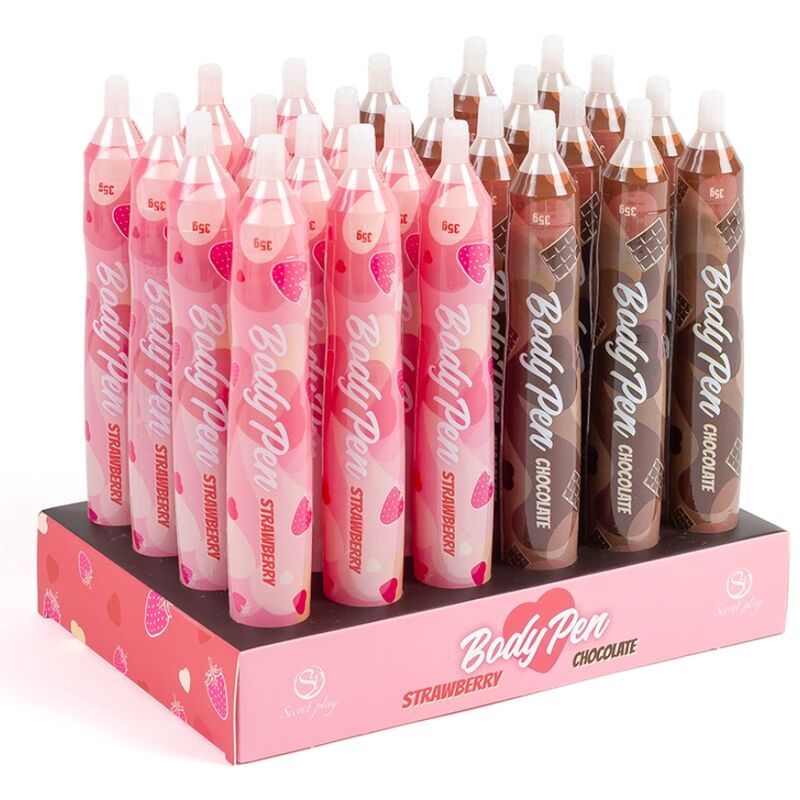 Présentoir de stylos Body Pen fraise et chocolat, illustration de la gamme