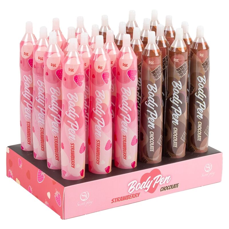 Présentoir Secret Play rempli de stylos comestibles Body Pen fraise et chocolat