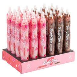 Présentoir Secret Play rempli de stylos comestibles Body Pen fraise et chocolat