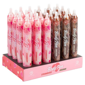 Présentoir Secret Play rempli de stylos comestibles Body Pen fraise et chocolat