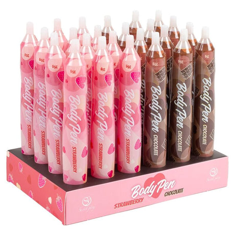 Secret Play display stand filled with edible strawberry and chocolate Body Pen pens