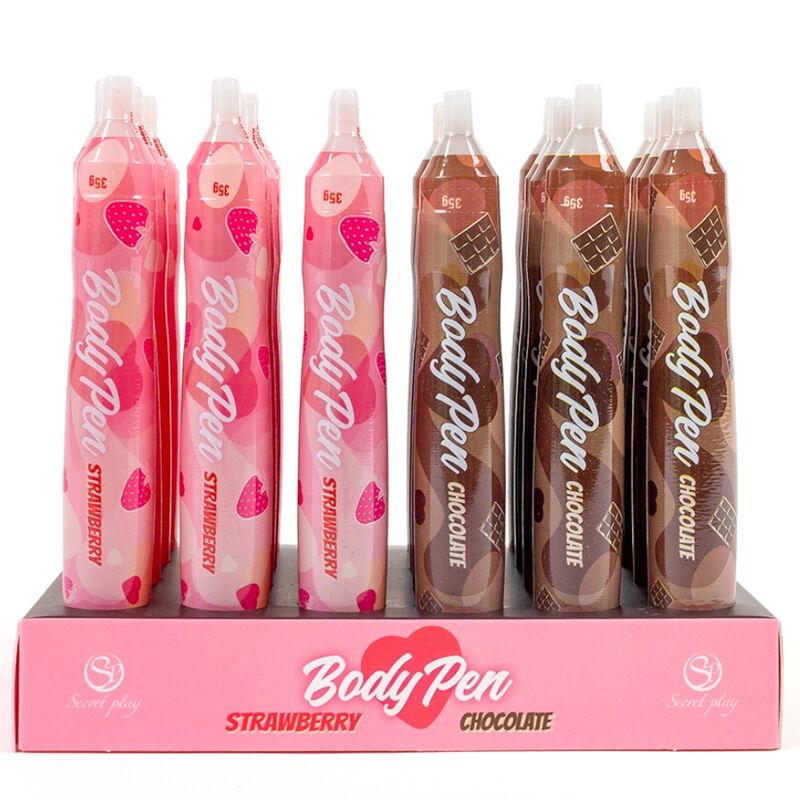 Vue de face du présentoir Body Pen avec stylos roses fraise et bruns chocolat