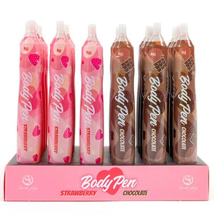 Vue de face du présentoir Body Pen avec stylos roses fraise et bruns chocolat