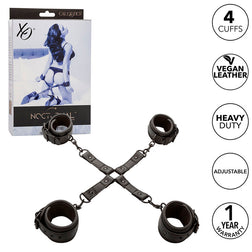 Menottes Calexotics Kit hogtie BDSM Nocturnal — 4 en cuir végan et connecteur en Cuir végan noir vu de face