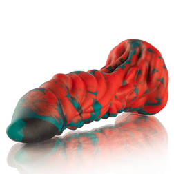 Vue latérale du gode fantasy XL nervuré en silicone bicolore