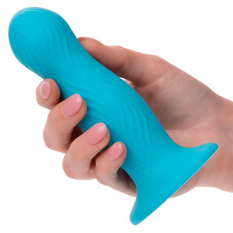 Plug profilé silicone liquide bleu avec ventouse — vue de profil