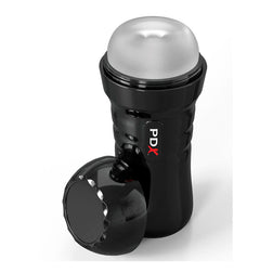 Masturbateur autolubrifiant noir avec gaine interne transparente et couvercle de protection