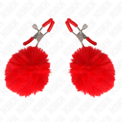 Pinces à tétons avec boule en fausse fourrure rouge 6 cm — KINK — vue 2