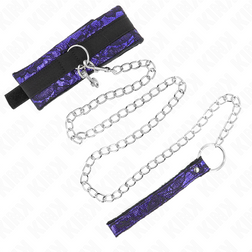 Collier velours dentelle violet avec laisse chaîne argentée — vue de profil