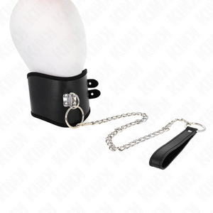 Collier posture cuir large + laisse chaîne 65 cm — vue de profil