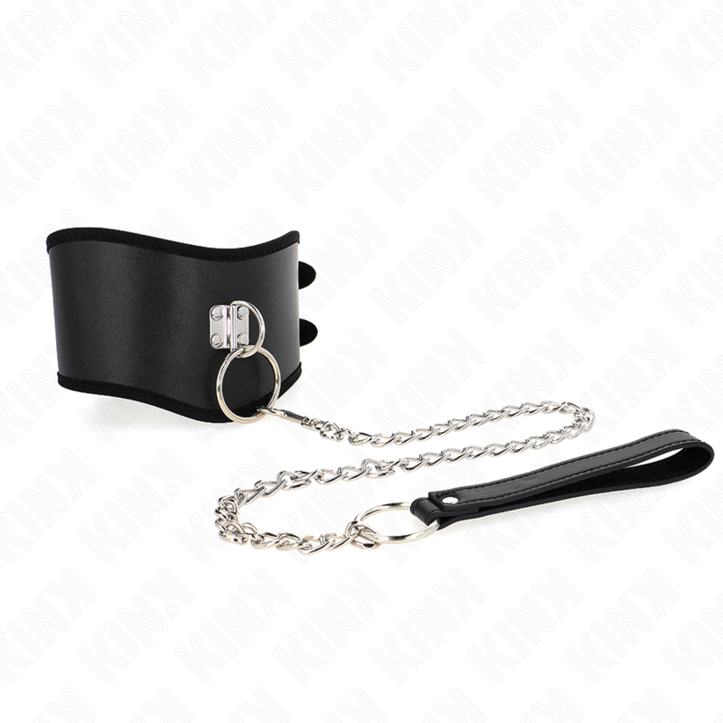 Collier posture cuir large + laisse chaîne 65 cm — gros plan