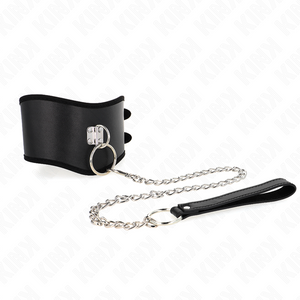 Collier posture cuir large + laisse chaîne 65 cm — gros plan