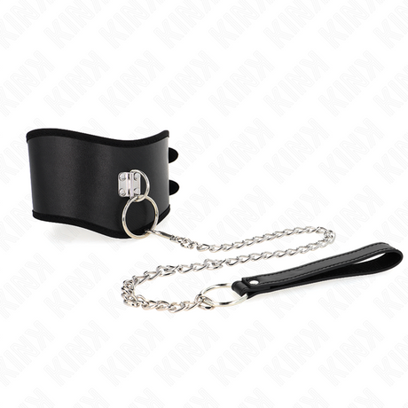 Collier posture cuir large + laisse chaîne 65 cm — gros plan