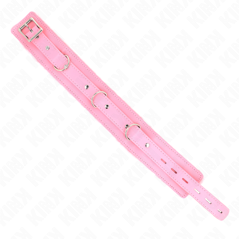 Collier rose ouvert à plat, montrant les trois anneaux et la boucle de réglage